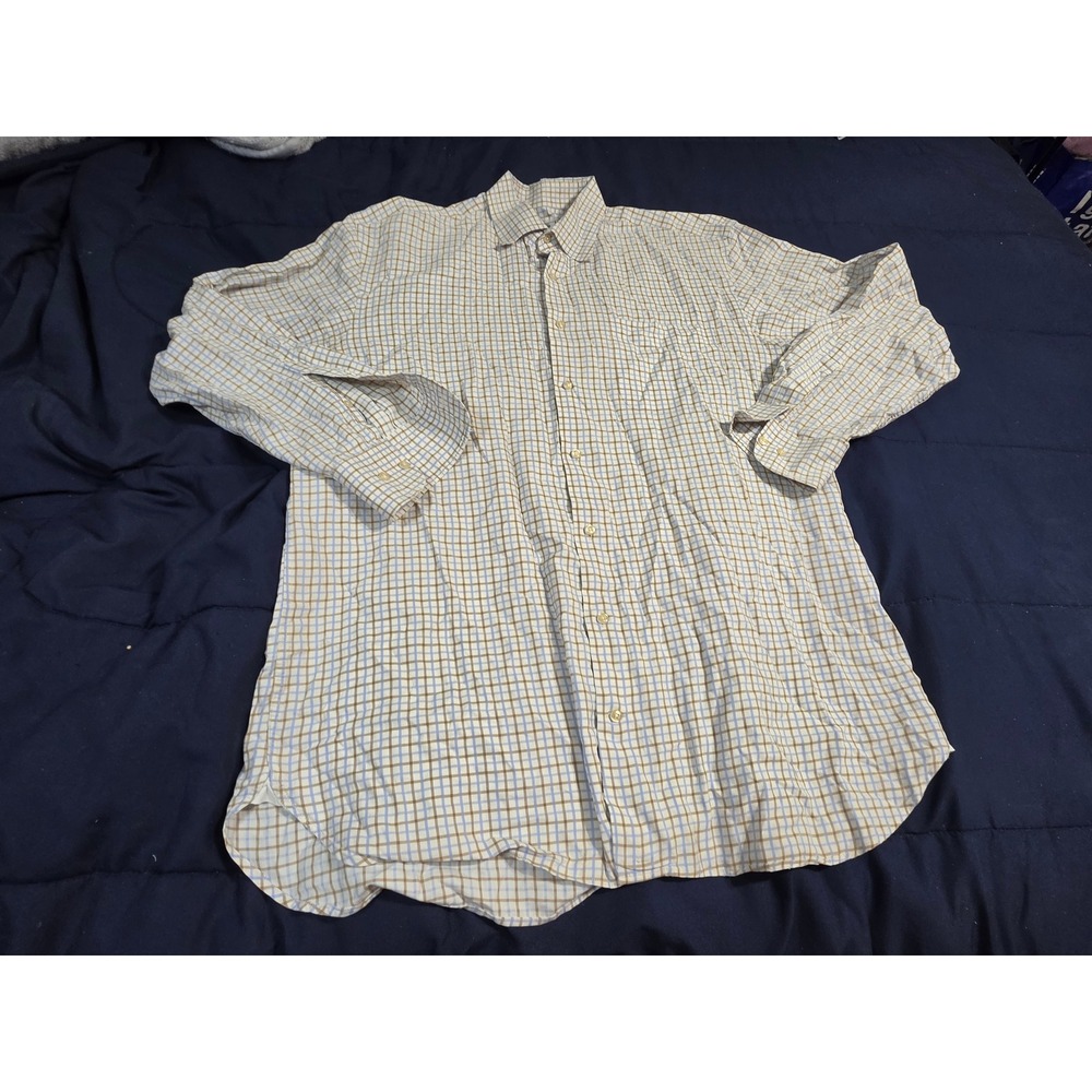 Peter Millar Mens Cotton Button Down Shirt Tan Blue Check Plaid Long Sleeve